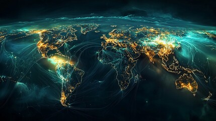 Global energy network visualization featuring interconnected pipelines, power grids, and LNG routes