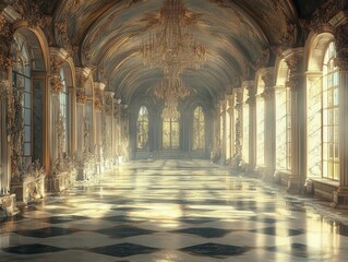 Majestic sunlight streaming through the grand hall of an opulent palace in early morning