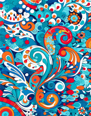 Fototapeta premium Vibrant abstract background with swirling shapes and bold colors in blue, orange, and red, perfect for digital designs.