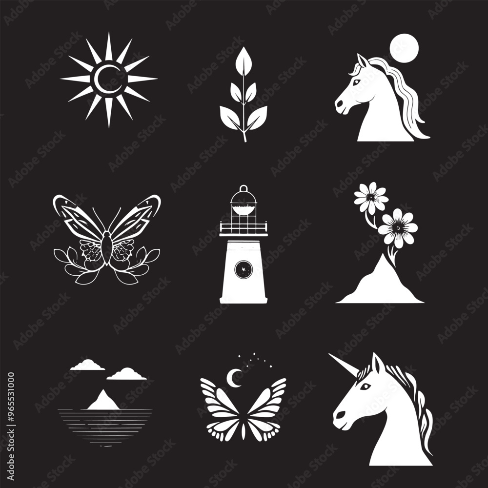 Sticker Set of nine minimalist white icons on a black background.