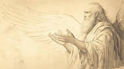 Fototapeta premium Bible Wall Art: Angelic Presence with Moses in Deuteronomy - God’s Approval - Biblical Illustration with Beige Background