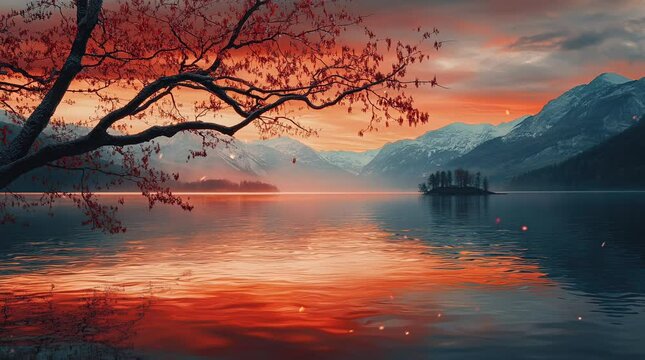 Peaceful sunset over a quiet lake with calm waters and a serene atmosphere
 seamless looping 4k time-lapse virtual video animation background. generated ai