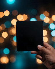 Mockup close-up mano sujetando una cartulina cuadrada de color negro