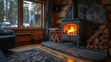 Cozy log cabin interior with wood-burning stove and snowy forest view outside the window