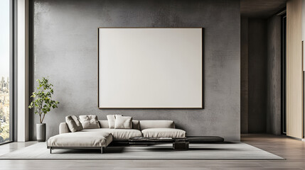 mock-up poster in a minimalist gray living room