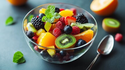 Fruit Salad Delight: A vibrant and refreshing fruit salad bursting with color and flavor, featuring fresh berries, kiwi, orange, and pineapple in a glass bowl. A perfect image for healthy eating, summ