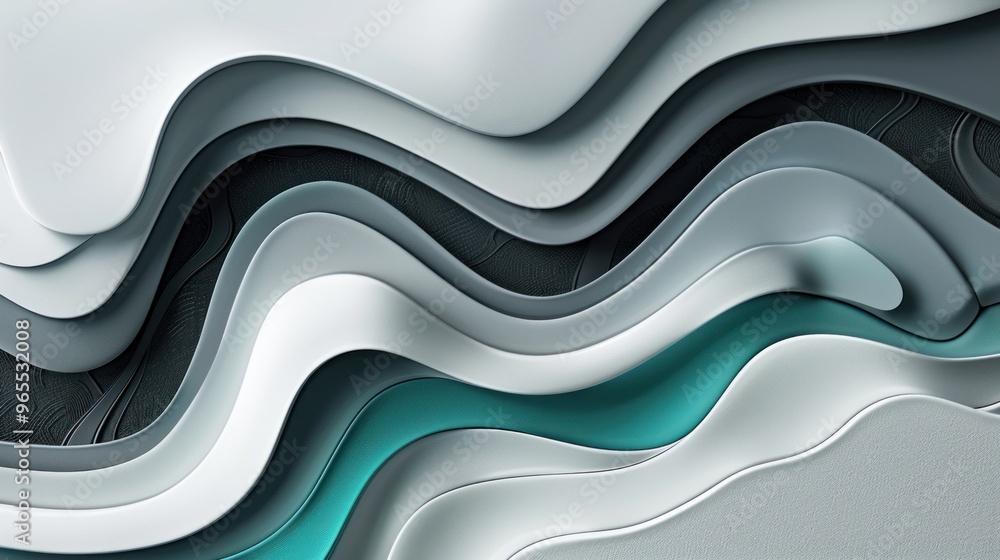 Wall mural Abstract background of wavy lines in grey and turquoise colors in a gradient design, forming a dynamic and modern pattern.