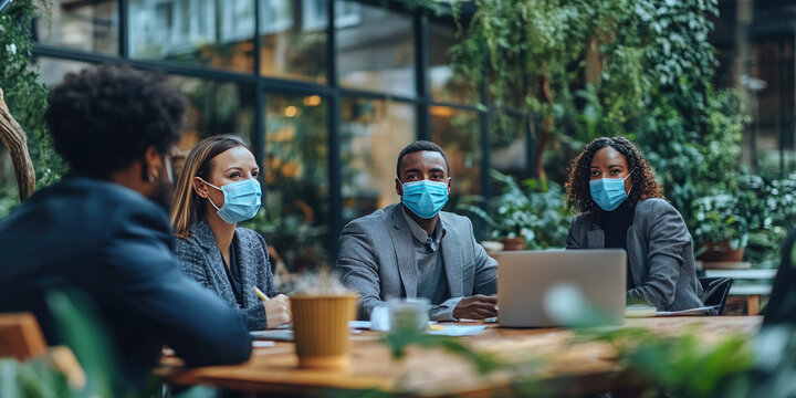 Group of four business people wearing protective face masks are having a business meeting in an outdoor office setting