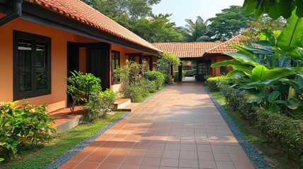 Obraz premium A brick walkway through a lush tropical garden, leading to a wooden door with a glimpse of more foliage behind it.