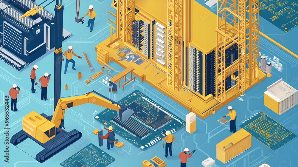 Wall mural Flat isometric construction industrial building or printed circuit board vector objects illustration set 3d isometry construction crane builds electronic components special machinery workers