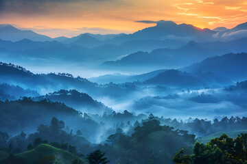 朝霧に包まれた山岳風景：静寂と美の共演