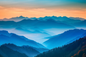 Obraz premium 朝霧に包まれた山岳風景：静寂と美の共演