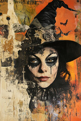 Contemporary art collage of halloween witch face over orange grunge background, Halloween mystery concept, Illustration poster, Funky style