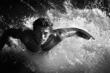 Fototapeta premium A muscular man surfs a massive wave, showcasing strength and balance