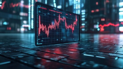 Stock market analysis with a futuristic digital interface showing fluctuating graphs and data in a high-tech environment.