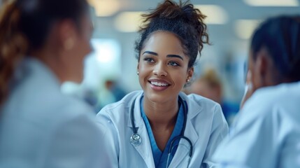 Fototapeta premium A young woman in a white coat, a doctor, smiles and talks to another person who is not fully visible.