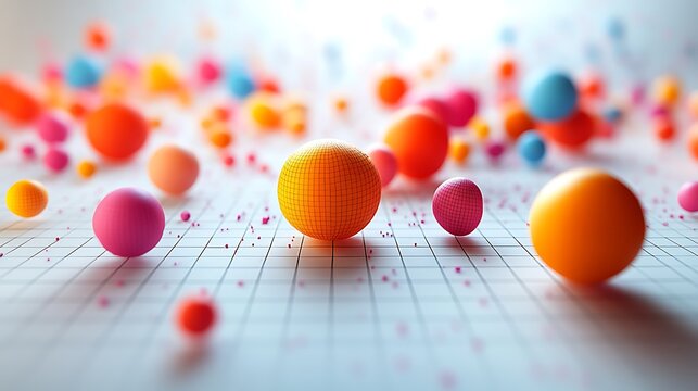 A vibrant 3D papercraft scatter plot, small colorful paper beads scattered across a raised grid, varying in size, dynamic lighting creating shadows, sharp grid lines, clean modern background,