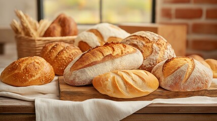 Artisan Bread Selection: A rustic table setting with a variety of freshly baked bread, showcasing...