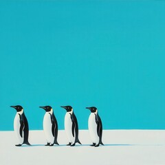 Obraz premium Penguins marching across an icy tundra towards the ocean, animal migration, survival in extreme conditions