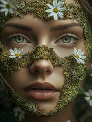 A close up portrait of beautiful woman with an art fashion make up, muted green coating, soil, flowers, bright beads and withered leaves, make up of the Goddess of the earth, graceful  and stately.