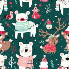 christmas seamless pattern with cartoon bears and reindeers By Generated AI