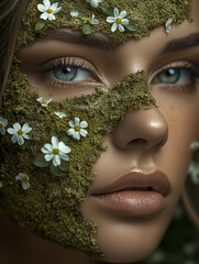 A close up portrait of beautiful woman with an art fashion make up, muted green coating, soil, flowers, bright beads and withered leaves, make up of the Goddess of the earth, graceful  and stately.
