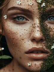 A close up portrait of beautiful woman with an art fashion make up, muted green coating, soil, flowers, bright beads and withered leaves, make up of the Goddess of the earth, graceful  and stately.