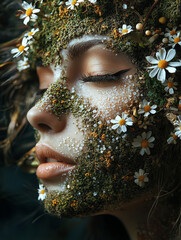 A close up portrait of beautiful woman with an art fashion make up, muted green coating, soil, flowers, bright beads and withered leaves, make up of the Goddess of the earth, graceful  and stately.