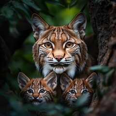 Obraz premium Lynx family migrating through a dense forest in twilight, wildlife migration, stealth and mystery in the wild