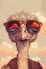 Hand-Drawn 2024 Calendar Poster Featuring Funny Hipster Ostrich, Printable Grid Template with Monday First