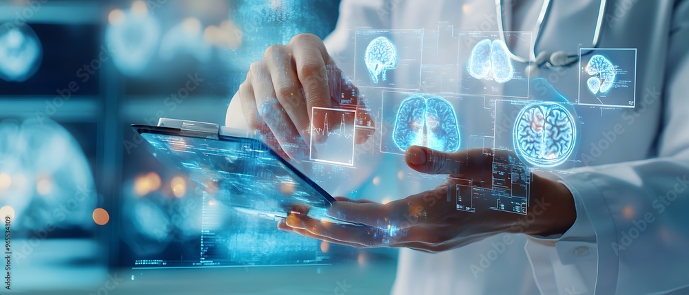 Poster doctor examining brain scan with augmented reality technology.