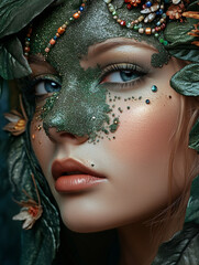 A close up portrait of beautiful woman with an art fashion make up, muted green coating, soil, flowers, bright beads and withered leaves, make up of the Goddess of the earth, graceful  and stately.