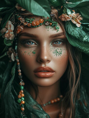 A close up portrait of beautiful woman with an art fashion make up, muted green coating, soil, flowers, bright beads and withered leaves, make up of the Goddess of the earth, graceful  and stately.