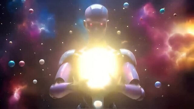 Humanoid robot holding a holographic projection of planet earth in his hands. Artificial intelligence android hands holding glowing earth globe. Space landscape on background