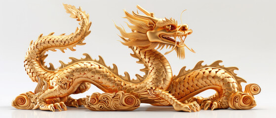 3D Dragon Statue Crafted from Gold Metal Isolated on White Background