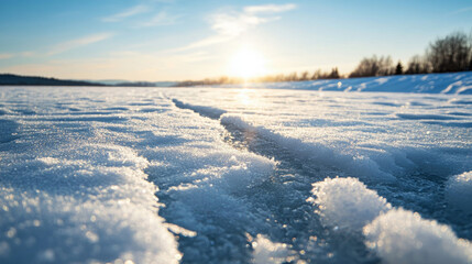 Crystal-clear ice and snowy drifts against the backdrop of bright winter sunshine, welcoming 2025