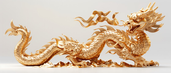 Fototapeta premium 3D Dragon Statue Crafted from Gold Metal Isolated on White Background