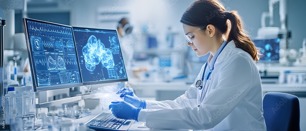 Poster Female Scientist Working in Lab with 3D Scan on Screen.