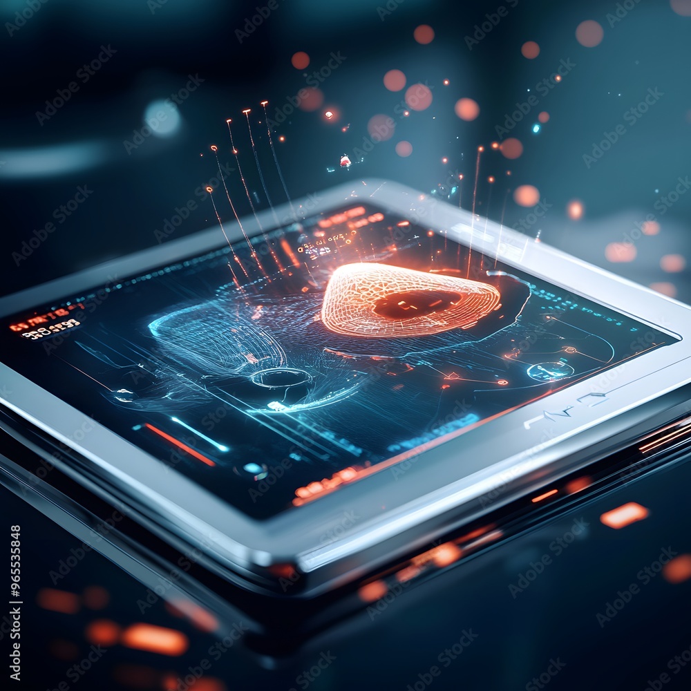 Poster futuristic digital interface with holographic display.