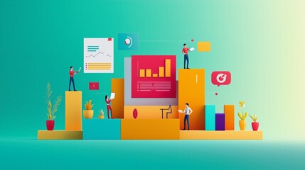 Fototapeta premium Dynamic illustration of data analysis with colorful graphs, figures, and digital elements representing teamwork and strategy.
