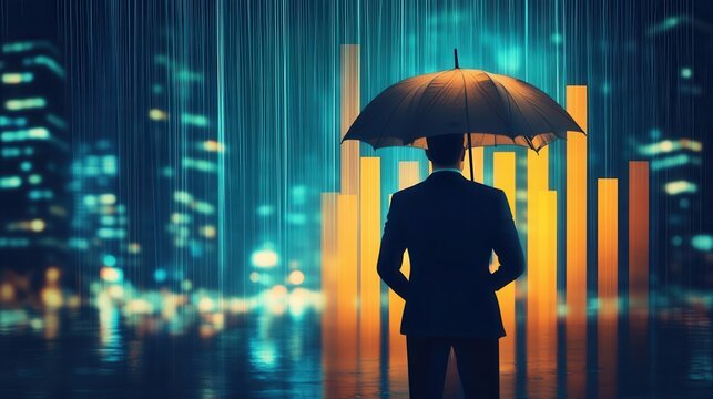Businessman with Umbrella Standing in Front of Bar Chart in Rain - Powered by Adobe