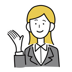 スーツを着た若い女性が笑っているバストアップのシンプルな線画イラスト