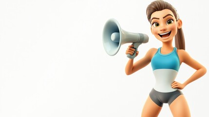 A cartoon woman in athletic wear holding a megaphone and smiling.