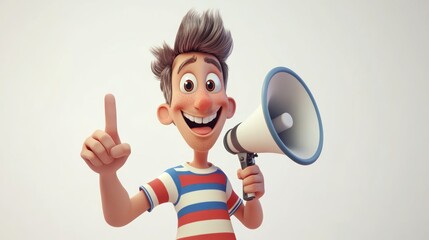 Naklejka premium A cartoon man with brown hair, wearing a red, white, and blue striped shirt, is holding a megaphone and pointing with his left index finger towards the left. He is smiling and looking at the camera.