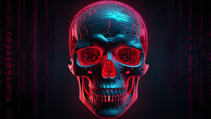 Digital illustration of human skull in digital background. 3D rendering.