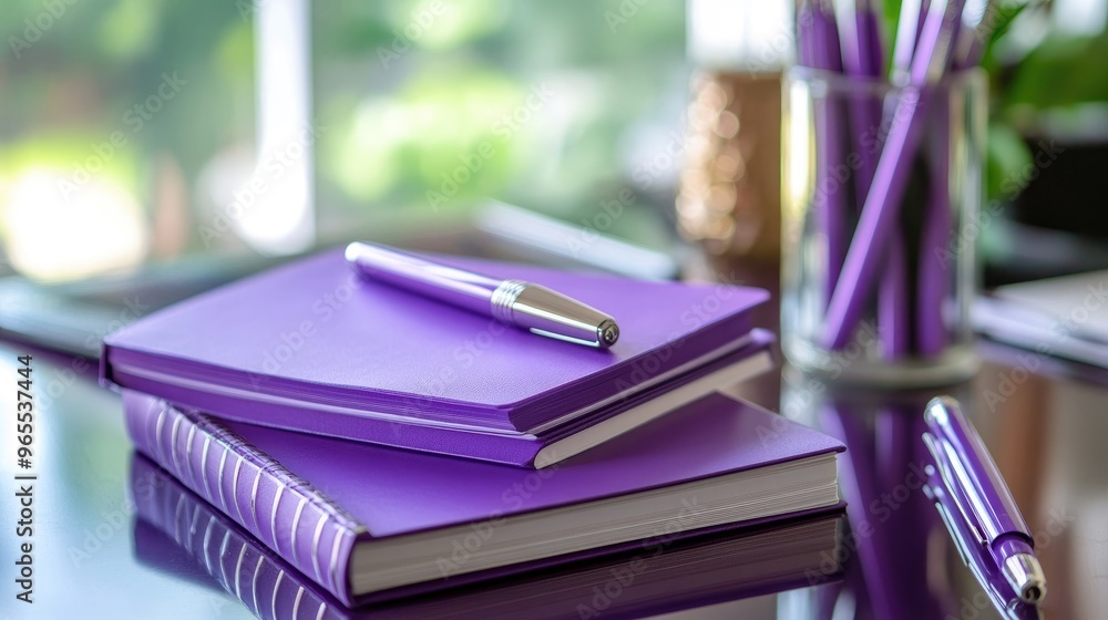 Poster a stack of purple notebooks and pens on a desk, creating a stylish and organized workspace