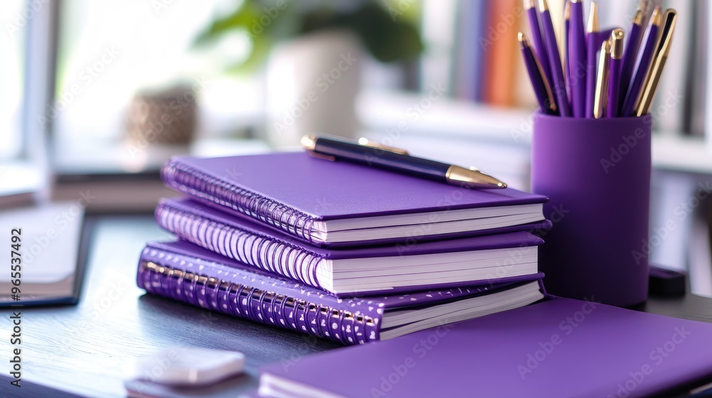 Poster a stack of purple notebooks and pens on a desk, creating a stylish and organized workspace