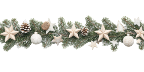 Festive Christmas garland with frosted pine branches, wooden stars, and white ornaments. Isolated on white background.

