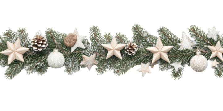 Festive Christmas garland with frosted pine branches, wooden stars, and white ornaments. Isolated on white background.

