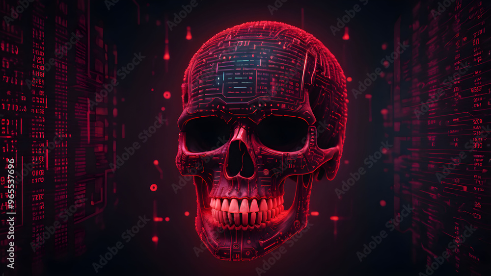 Poster human skull with binary code on dark background. 3d illustration.